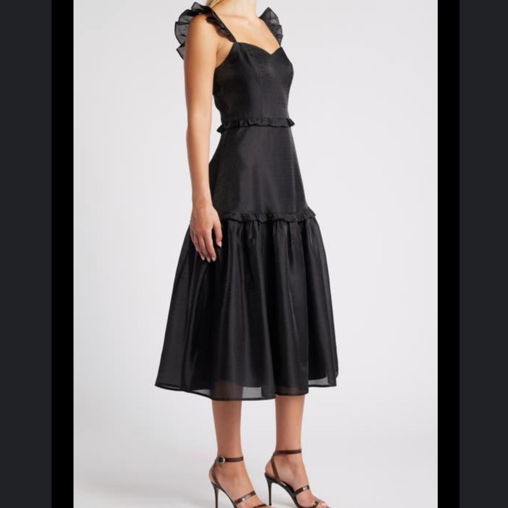 NWT LULU’S effervescent aesthetic Black tiered ruffle Midi Dress size XS
